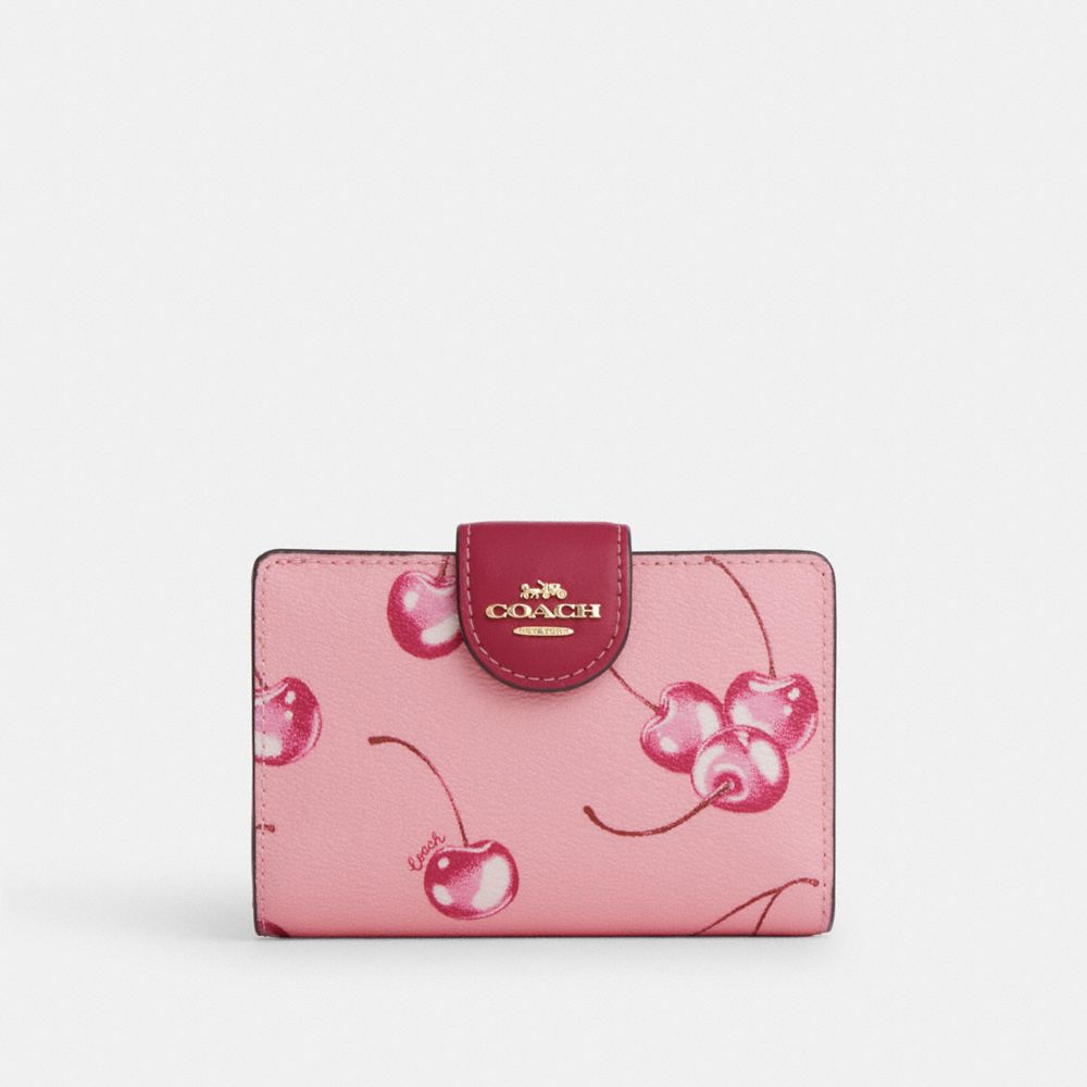 COACH®,MEDIUM CORNER ZIP WALLET WITH CHERRY PRINT,Novelty Print,Mini,Im/Flower Pink/Bright Violet,Front View