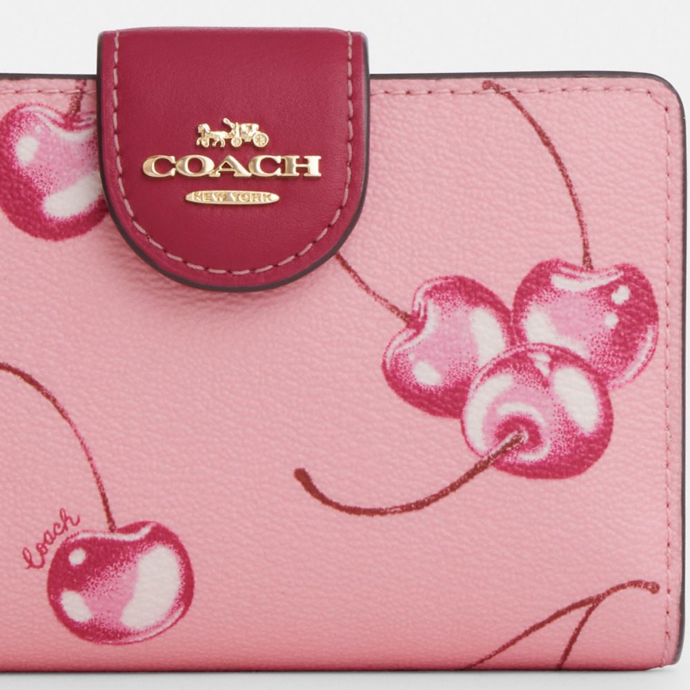 COACH®,MEDIUM CORNER ZIP WALLET WITH CHERRY PRINT,Novelty Print,Mini,Im/Flower Pink/Bright Violet