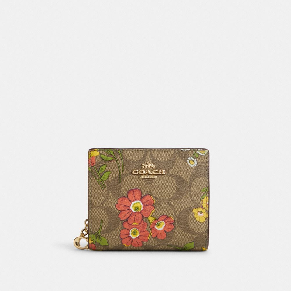 COACH®,SNAP WALLET IN SIGNATURE CANVAS WITH FLORAL PRINT,Signature Canvas,Mini,Gold/Khaki Multi,Front View