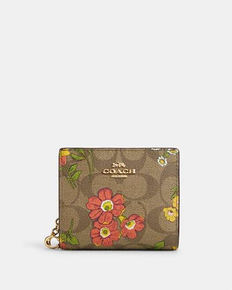 COACH®,SNAP WALLET IN SIGNATURE CANVAS WITH FLORAL PRINT,pvc,Mini,Gold/Khaki Multi,Front View