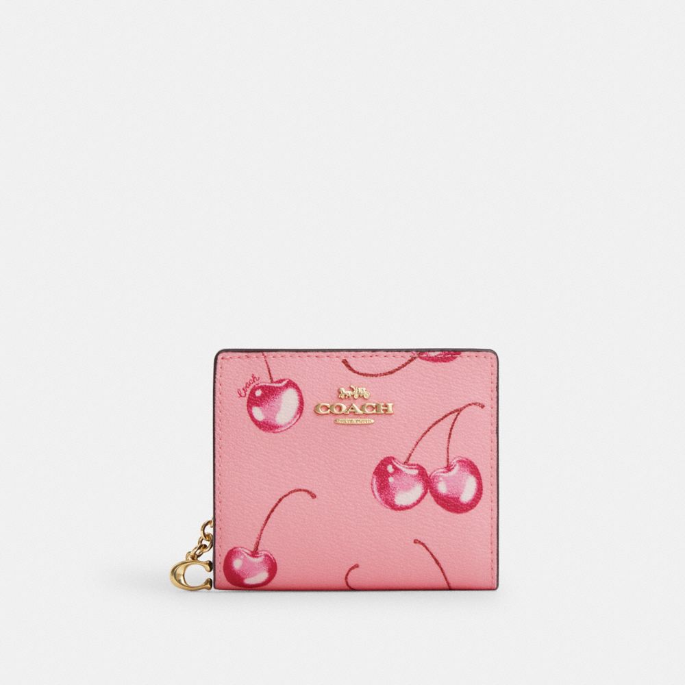 COACH®,SNAP WALLET WITH CHERRY PRINT,Novelty Print,Mini,Im/Flower Pink/Bright Violet,Front View