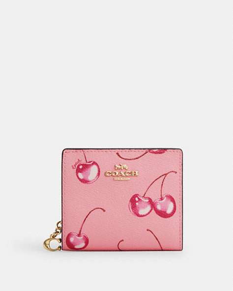 COACH®,SNAP WALLET WITH CHERRY PRINT,pvc,Mini,Im/Flower Pink/Bright Violet,Front View