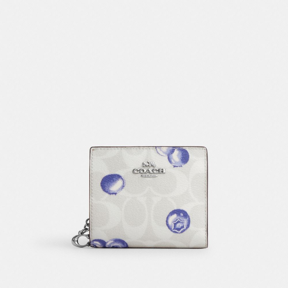 COACH®,SNAP WALLET IN SIGNATURE CANVAS WITH BLUEBERRY PRINT,pvc,Mini,Silver/Chalk/Light Violet,Front View