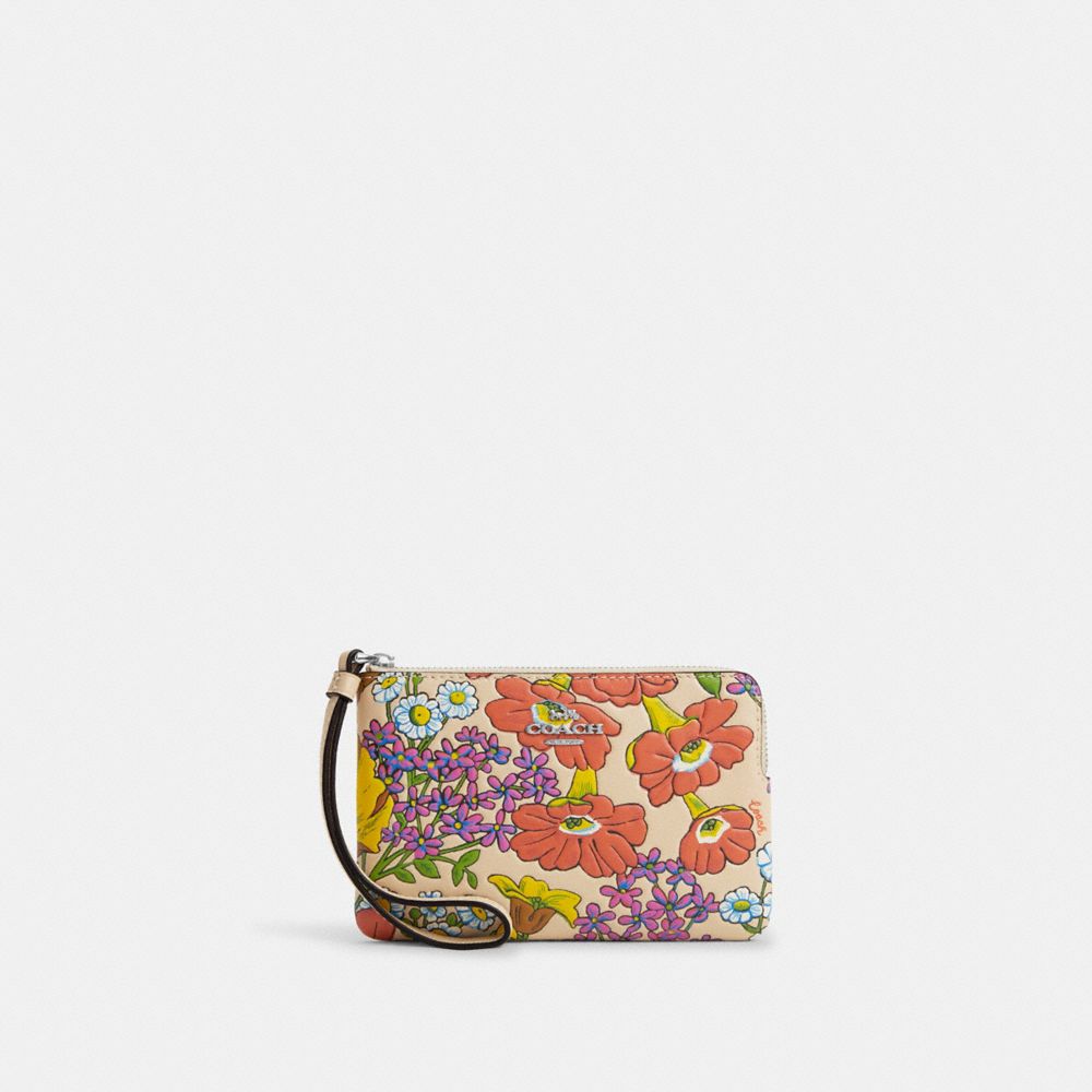 COACH®,CORNER ZIP WRISTLET WITH FLORAL PRINT,Novelty Leather,Silver/Ivory Multi,Front View
