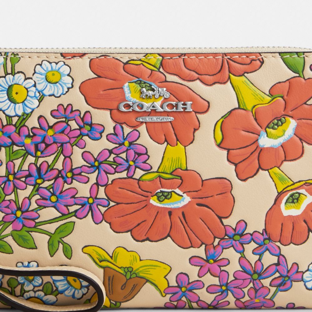 COACH®,WRISTLET À ZIP EN COIN AVEC IMPRIMÉ FLORAL,Cuir,Argent/Ivoire multi