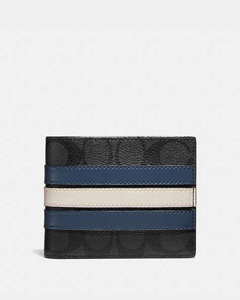 COACH®,3-IN-1 WALLET IN SIGNATURE CANVAS WITH VARSITY STRIPE,Leather,Mini,Charcoal/Denim/Chalk,Front View