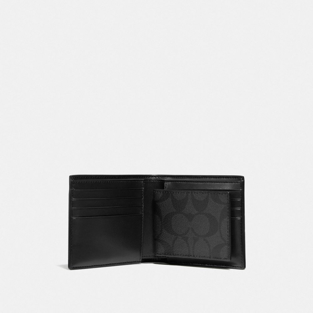 COACH®,3 In 1 Wallet In Signature Canvas With Varsity Stripe,Canvas,Bi Fold,Logo,Stripe,Casual,Gray,Inside View,Top View