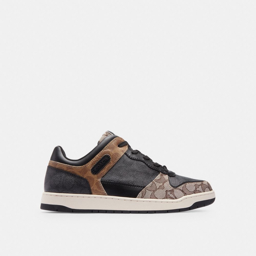 COACH®,C201 Sneaker In Signature,Canvas,Leather,Rubber,Casual,Mixed Media,Color Block,Traction,Casual,Black,Angle View