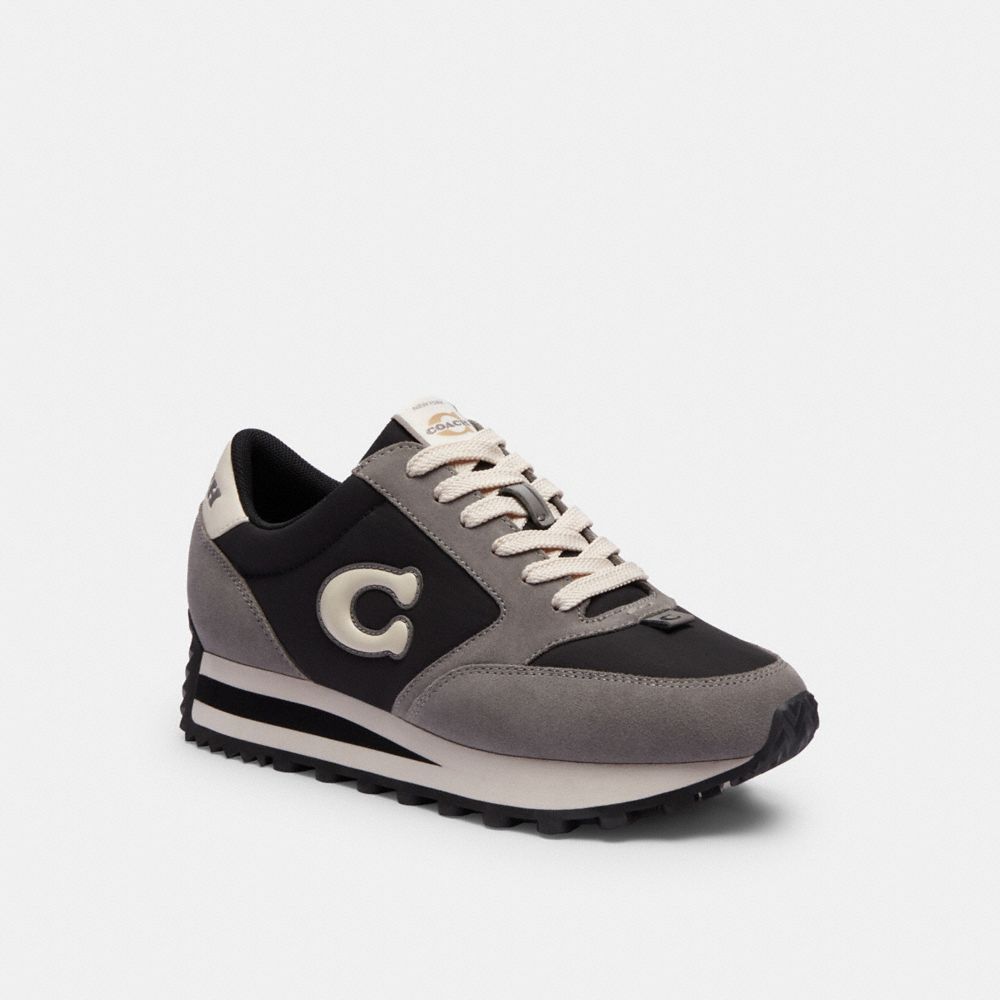 COACH®,RUNNER SNEAKER,Suede,Black/Chalk,Front View