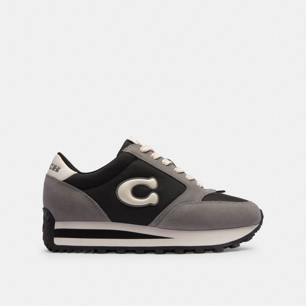 COACH®,RUNNER SNEAKER,Suede,Black/Chalk,Angle View