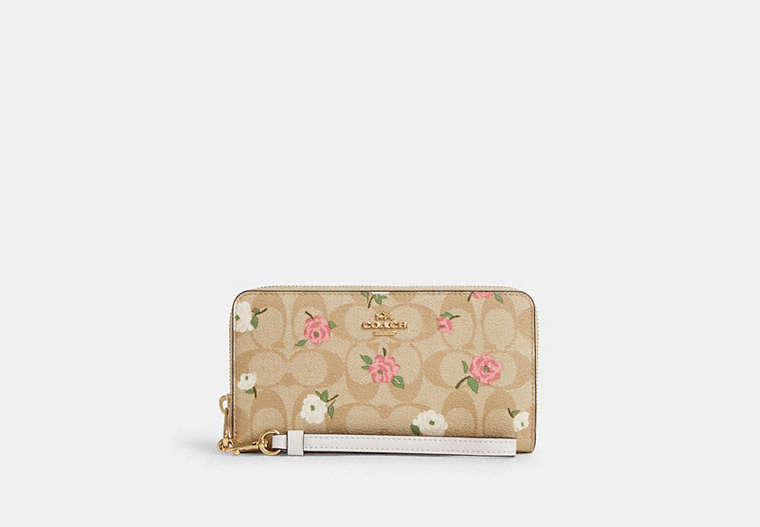 COACH®,LONG ZIP AROUND WALLET IN SIGNATURE CANVAS WITH FLORAL PRINT,pvc,Mini,Gold/Light Khaki Chalk Multi,Front View