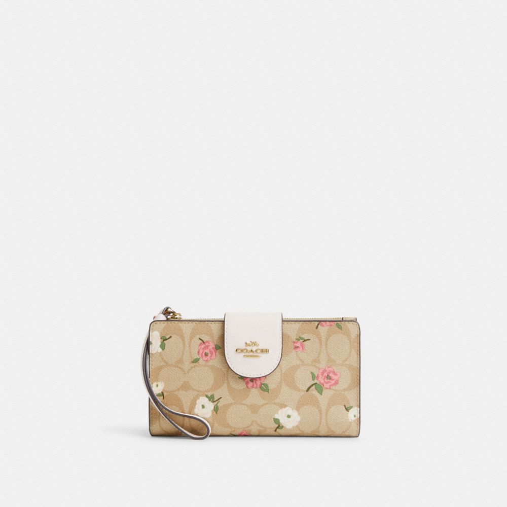 COACH®,PHONE WALLET IN SIGNATURE CANVAS WITH FLORAL PRINT,Signature Canvas,Gold/Light Khaki Chalk Multi,Front View