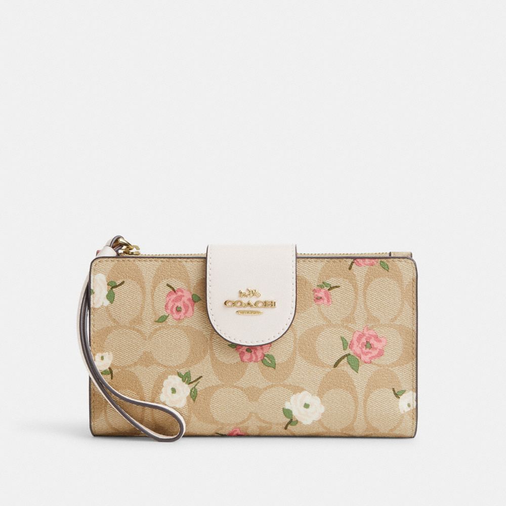 COACH®,Phone Wallet In Signature Canvas With Floral Print,Canvas,Leather,Wristlet,Coin,Logo,Color Block,Casual,Beige,Front View