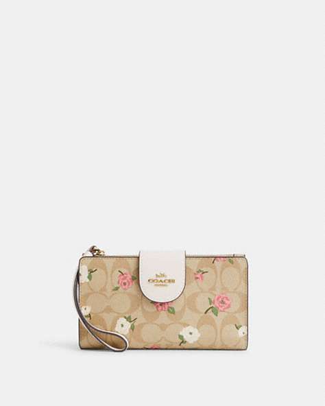 COACH®,PHONE WALLET IN SIGNATURE CANVAS WITH FLORAL PRINT,pvc,Gold/Light Khaki Chalk Multi,Front View
