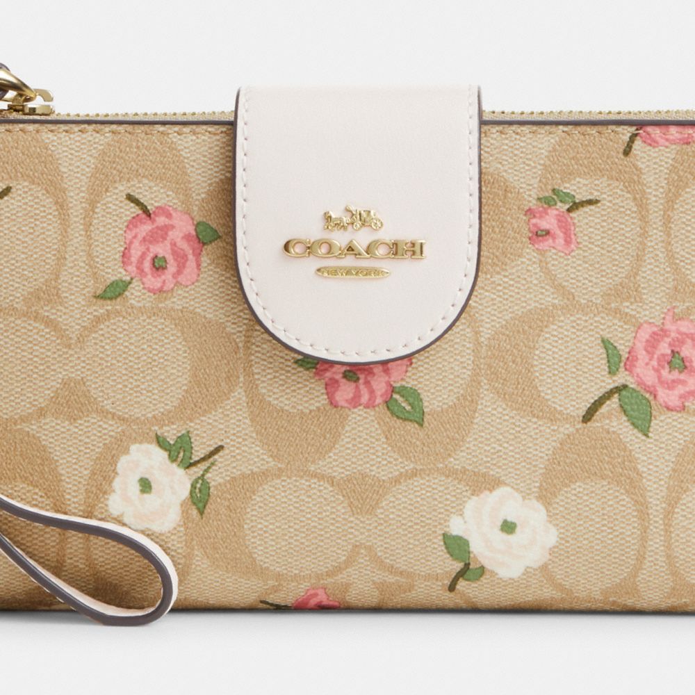 COACH®,PHONE WALLET IN SIGNATURE CANVAS WITH FLORAL PRINT,Signature Canvas,Gold/Light Khaki Chalk Multi