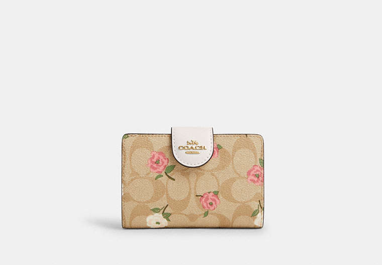 Shop Coach Outlet Medium Corner Zip Wallet In Signature Canvas With Floral Print In Gold/light Khaki Chalk Multi
