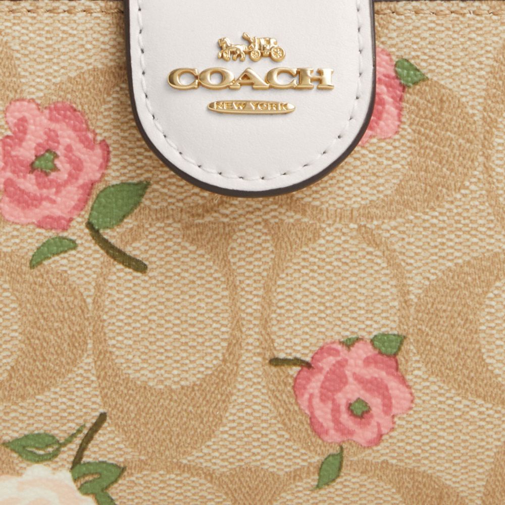 COACH®,Medium Corner Zip Wallet In Signature Canvas With Floral Print,Canvas,Leather,Bi Fold,Color Block,Logo,Casual,Beige