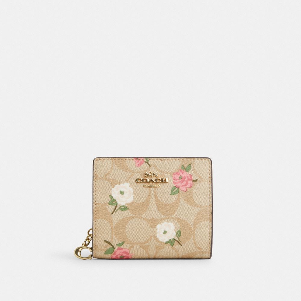 COACH®,SNAP WALLET IN SIGNATURE CANVAS WITH FLORAL PRINT,Signature Canvas,Mini,Gold/Light Khaki Chalk Multi,Front View