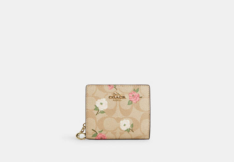 COACH®,SNAP WALLET IN SIGNATURE CANVAS WITH FLORAL PRINT,pvc,Gold/Light Khaki Chalk Multi,Front View