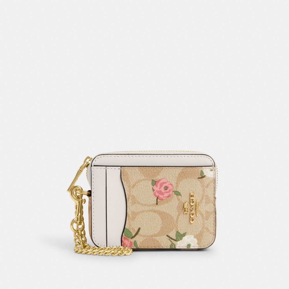 Coach Outlet Zip Card Case In Signature Canvas With Floral Print In Gold/light Khaki Chalk Multi