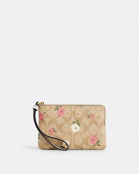 Corner Zip Wristlet In Signature Canvas With Floral Print