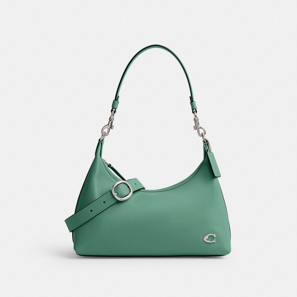 COACH®,JULIET SHOULDER BAG,Glovetanned Leather,Medium,Silver/Aquamarine,Front View