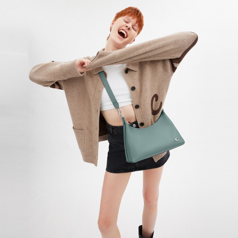 COACH®,SAC ÉPAULE JULIET,Cuir tanné,Argent/Aigue-marine