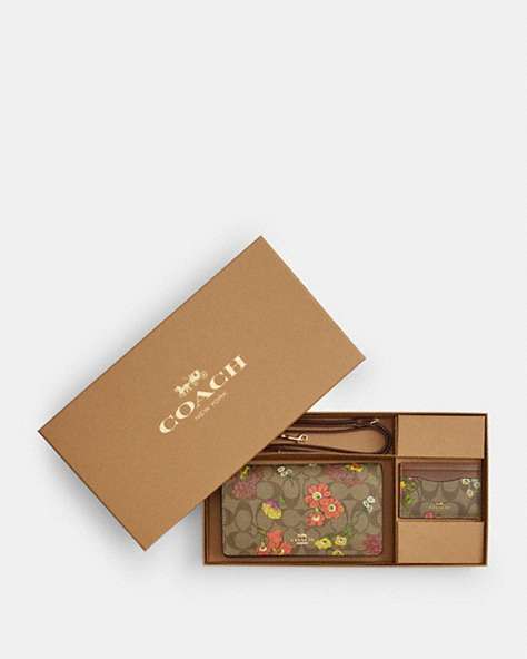 COACH®,BOXED ANNA FOLDOVER CLUTCH CROSSBODY AND CARD CASE SET IN SIGNATURE CANVAS WITH FLORAL PRINT,pvc,Gold/Khaki Multi,Front View