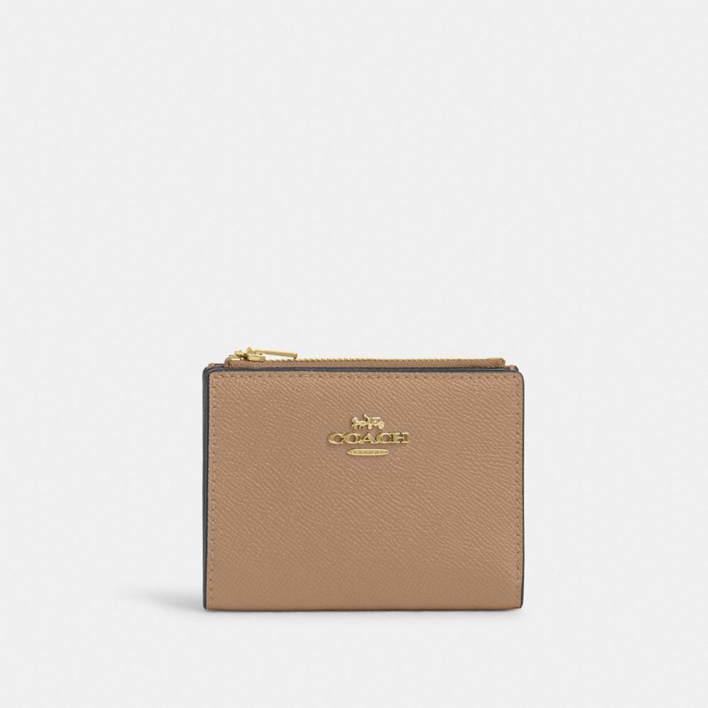 COACH®,BIFOLD WALLET,Crossgrain Leather,Gold/Taupe,Front View