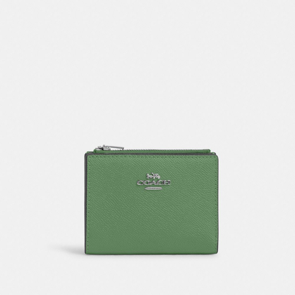 COACH®,BIFOLD WALLET,Crossgrain Leather,Silver/Soft Green,Front View