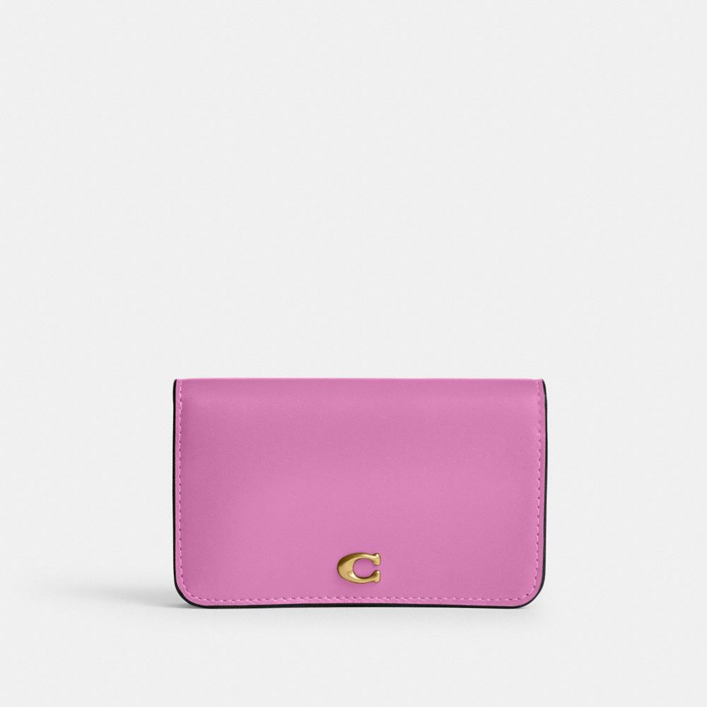 COACH®,PORTE-CARTES SLIM ESSENTIEL,Cuir de veau raffiné,Laiton/Fuschia,Front View