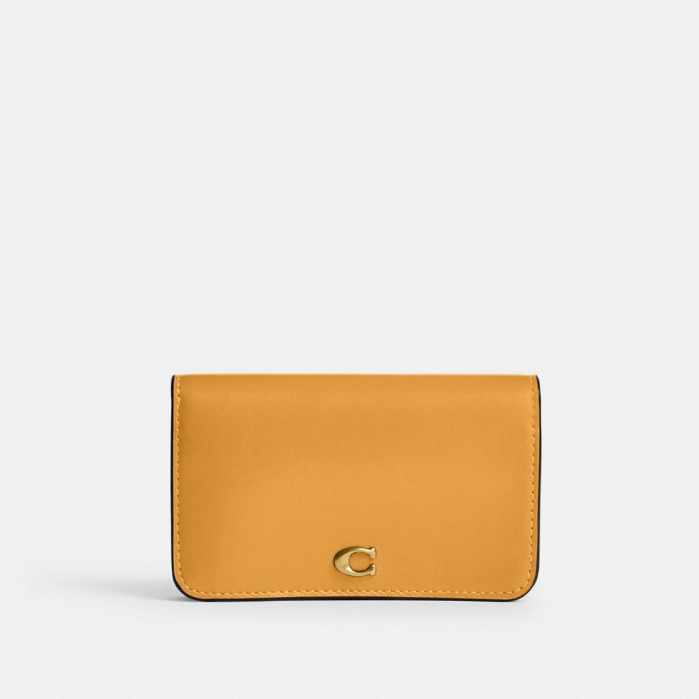 COACH®,Essential Slim Card Case,Calfskin Leather,Bi Fold,Metal,Logo,Casual,Mustard,Front View