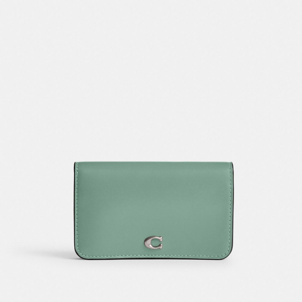 COACH®,ESSENTIAL SLIM CARD CASE,Refined Calf Leather,Mini,Silver/Aquamarine,Front View