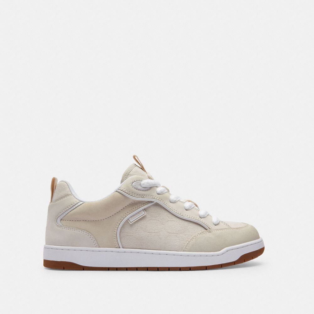 COACH®,C203 Sneaker In Signature Canvas,Canvas,Rubber,Suede,Casual,Mixed Media,Color Block,Piping,Pull Tab,Traction,Casual,Beige,Angle View