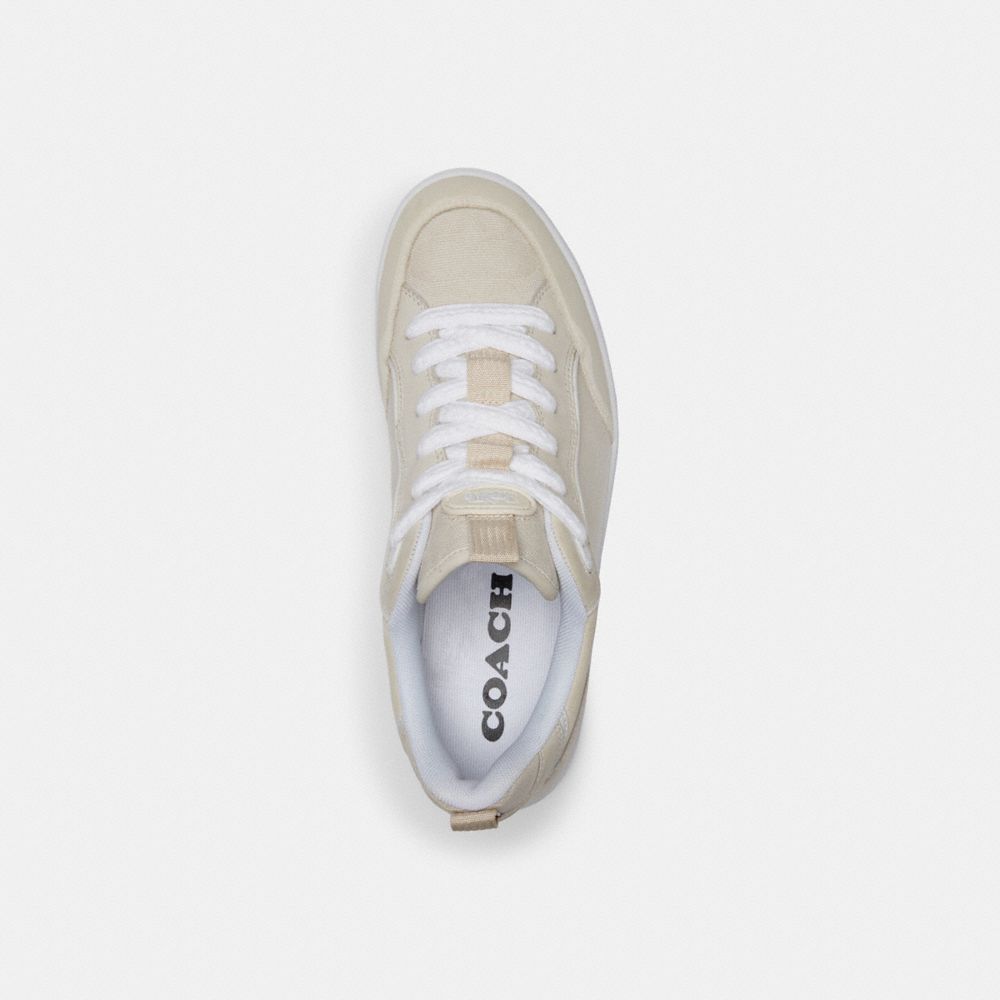 COACH®,C203 Sneaker In Signature Canvas,Canvas,Rubber,Suede,Casual,Mixed Media,Color Block,Piping,Pull Tab,Traction,Casual,Beige,Inside View,Top View