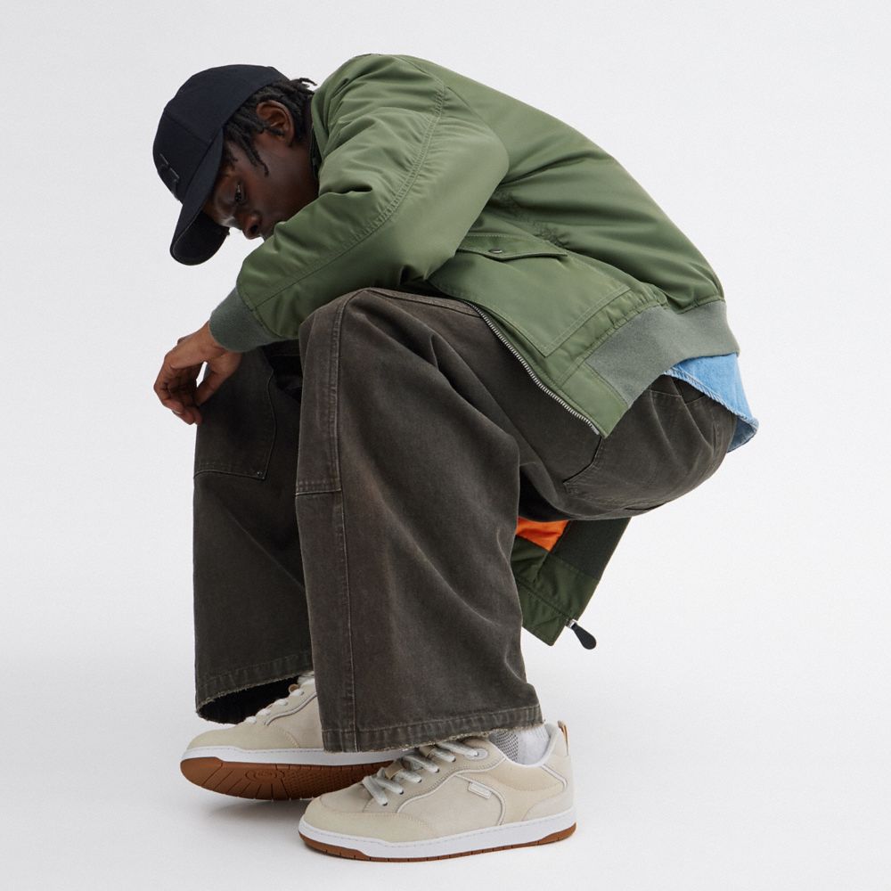 COACH®,C203 Sneaker In Signature Canvas,Canvas,Rubber,Suede,Casual,Mixed Media,Color Block,Piping,Pull Tab,Traction,Casual,Beige,Detail View