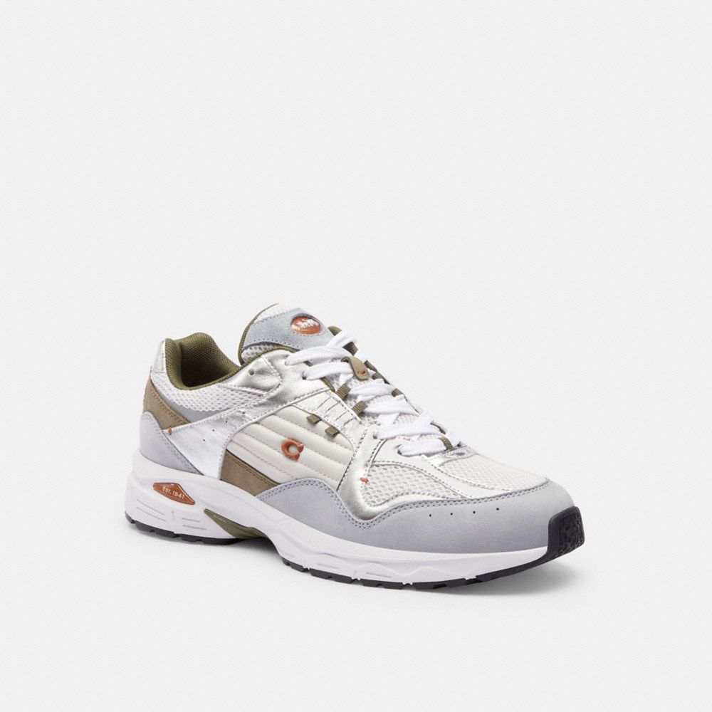 COACH®,C301 SNEAKER,Metallic Leather,Optic White/Grey,Front View