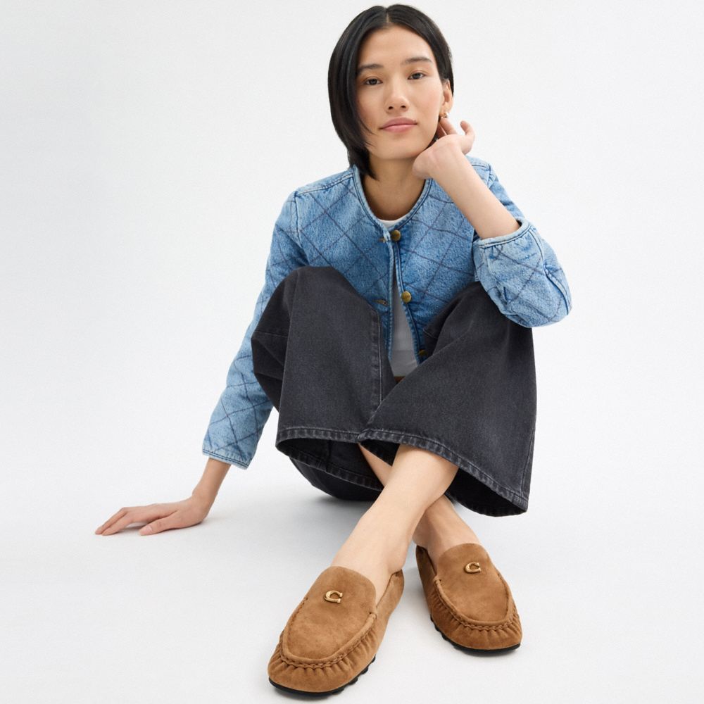 COACH®,Ronnie Loafer,Suede,Leather,Rubber,Flats,Loafer,Logo,Metal,Padded Insole,Cushioned,Casual,Brown,Detail View