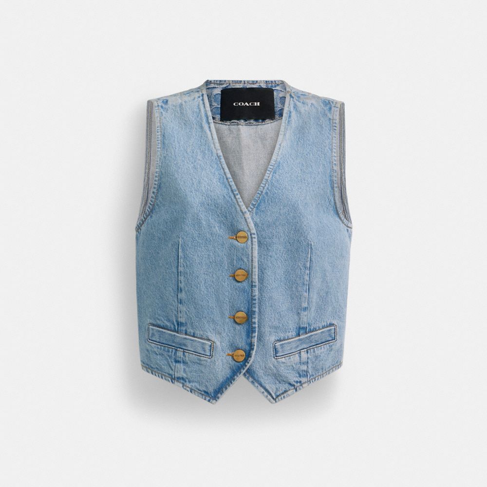 COACH®,VESTE SANS MANCHES EN DENIM EN COTON BIOLOGIQUE,Denim,Bleu,Front View