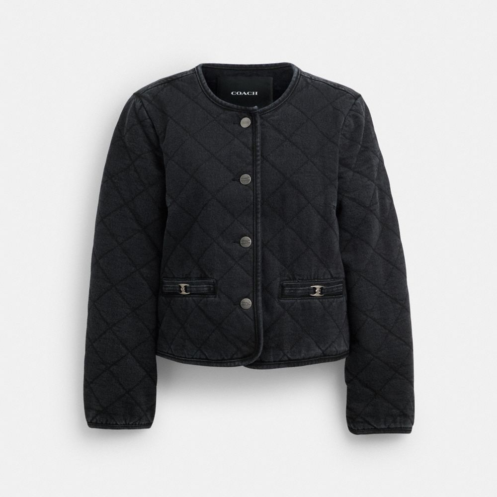 COACH®,HERITAGE C QUILTED DENIM JACKET IN ORGANIC COTTON,Denim,Black,Front View image number 0