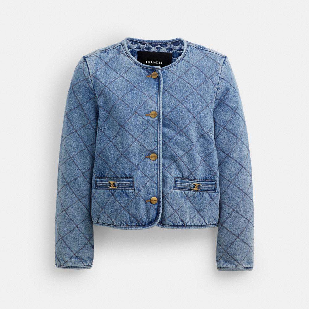 COACH®,HERITAGE C QUILTED DENIM JACKET IN ORGANIC COTTON,Denim,Blue,Front View image number 0