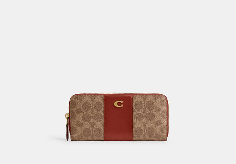 COACH®,ESSENTIAL SLIM ACCORDION ZIP WALLET IN SIGNATURE CANVAS,Mini,Brass/Tan/Rust,Front View image number 0