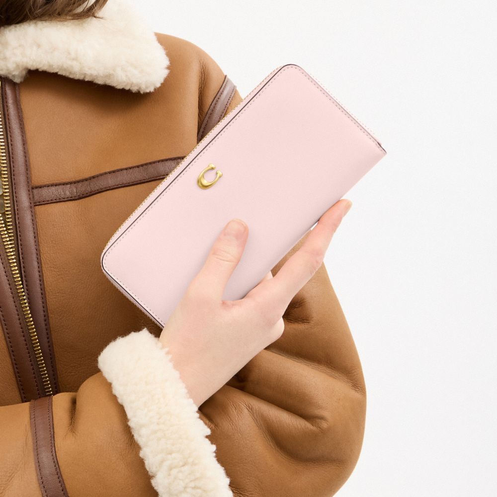 COACH®,Essential Slim Accordion Zip Wallet,Calfskin Leather,Bi Fold,Continental,Metal,Logo,Casual,Pink,Detail View