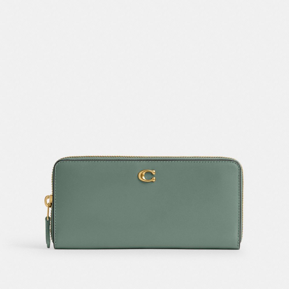 COACH®,Essential Slim Accordion Zip Wallet,Calfskin Leather,Continental,Bi Fold,Metal,Logo,Casual,Green,Front View