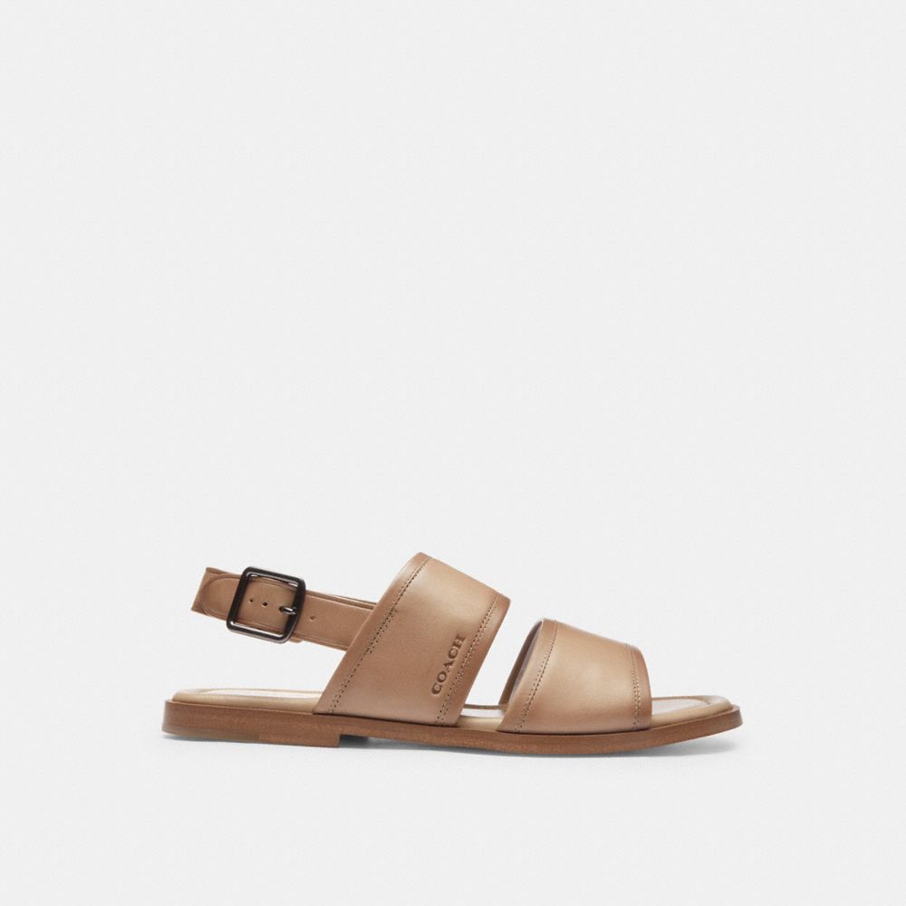 COACH®,Julian Two Strap Sandal,Leather,Rubber,Sandals,Logo,Embossed,Traction,Casual,Brown,Angle View