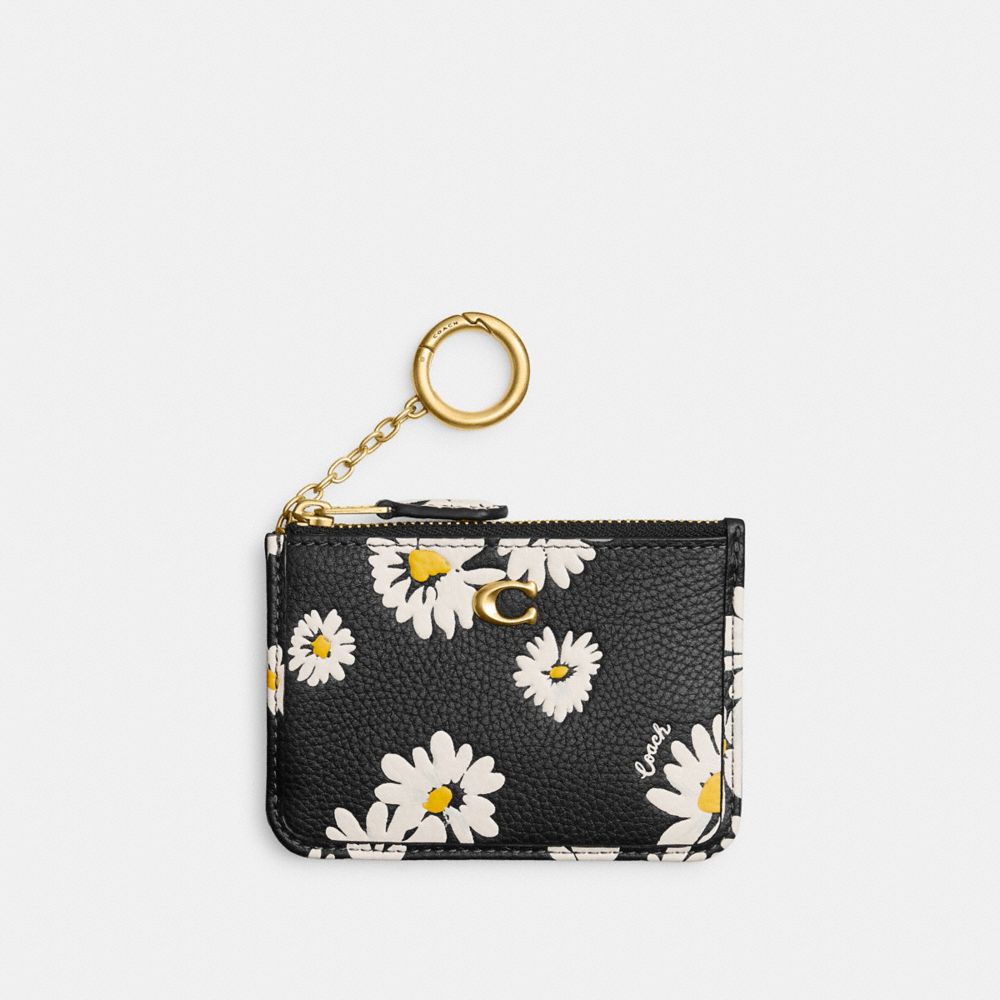 COACH®,MINI SKINNY ID CASE WITH FLORAL PRINT,Polished Pebble Leather,Brass/Black Multi,Front View