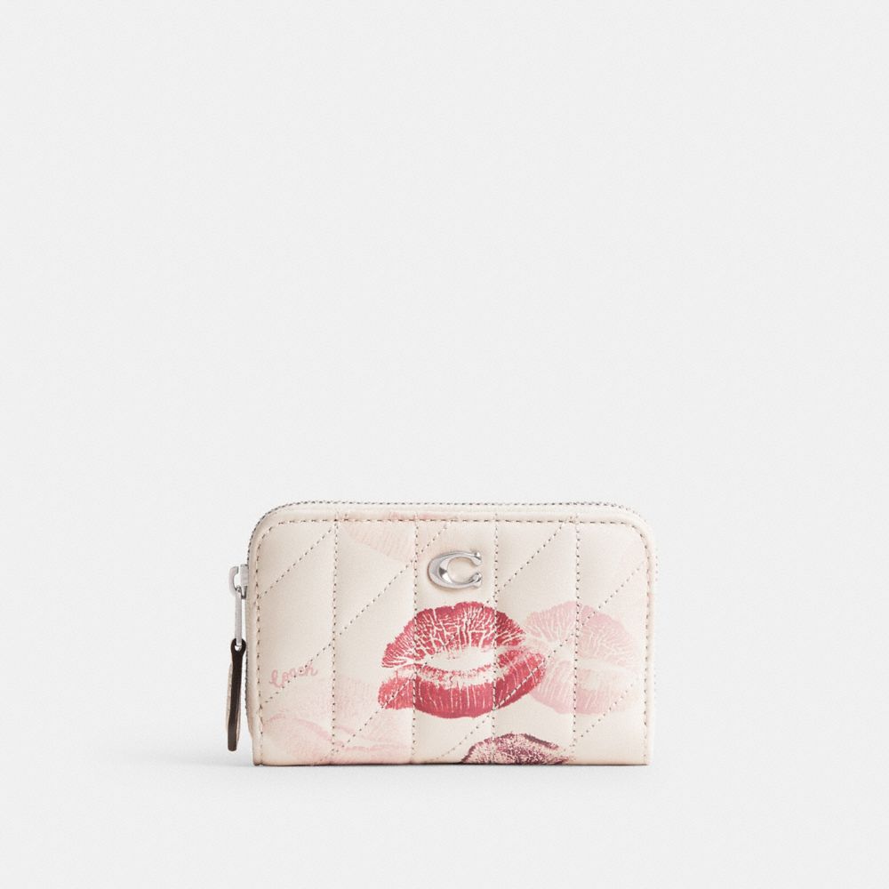 COACH®,ESSENTIAL SMALL ZIP AROUND CARD CASE WITH QUILTING AND LIP PRINT,Silver/Chalk Multi,Front View