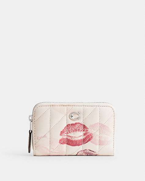 COACH®,ESSENTIAL SMALL ZIP AROUND CARD CASE WITH QUILTING AND LIP PRINT,Silver/Chalk Multi,Front View