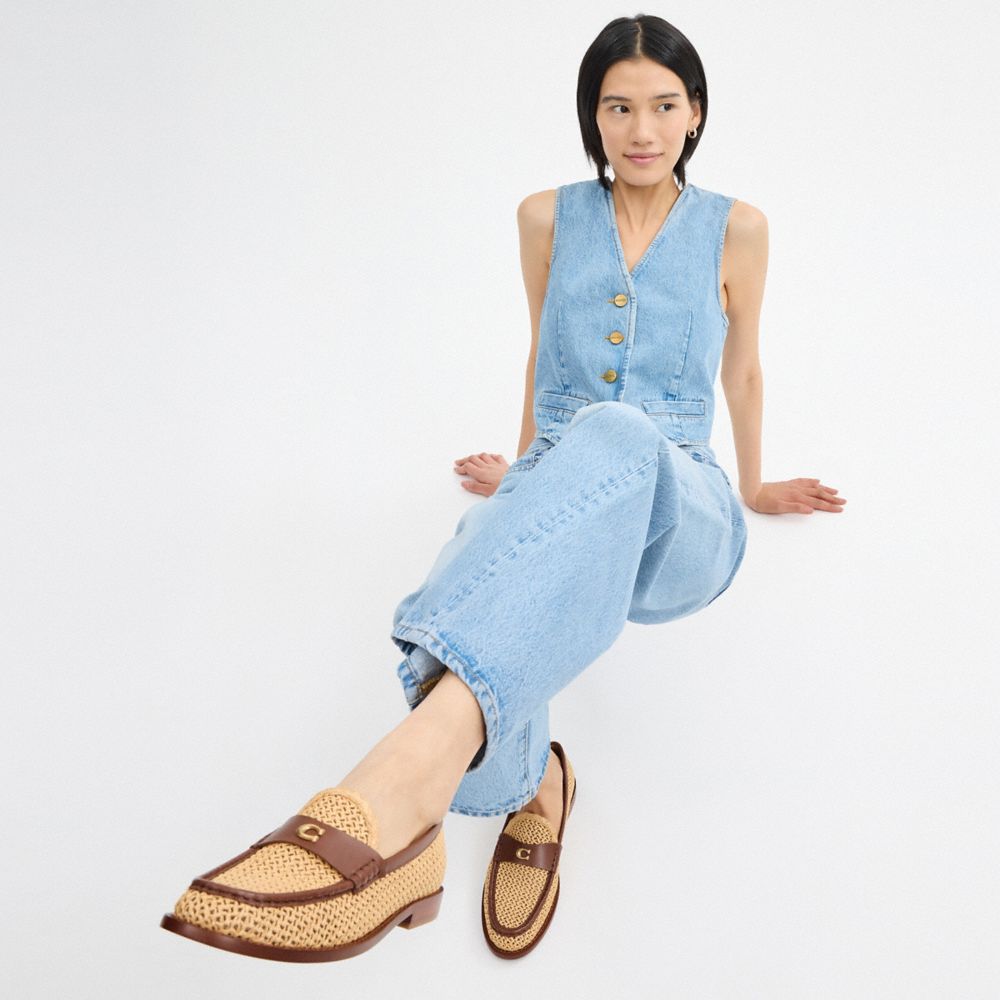 COACH®,Jolene Loafer,Leather,Raffia,Flats,Loafer,Logo,Metal,Penny Loafer,Day Party,Beige,Detail View