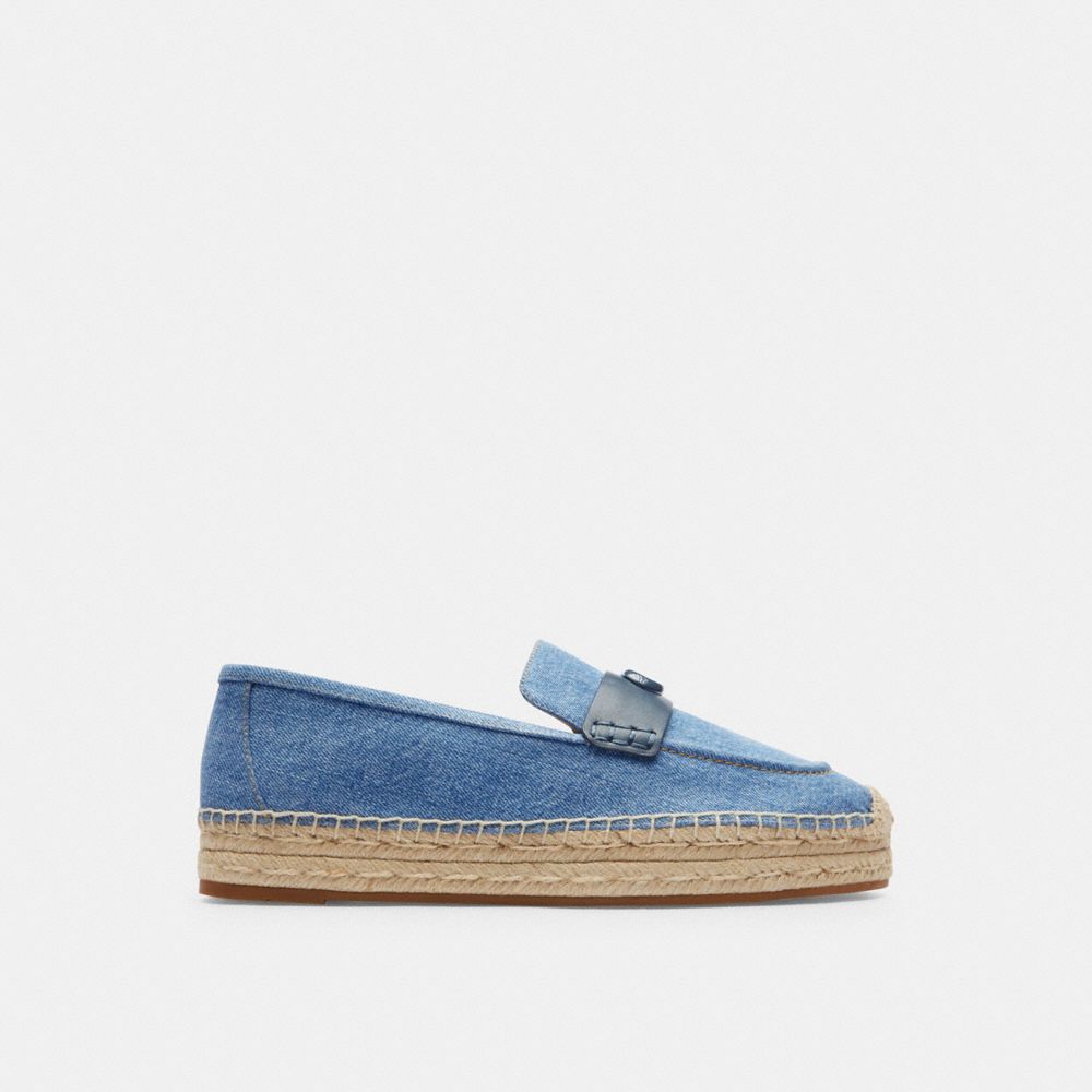 COACH®,Camilla Espadrille,Denim,Leather,Rubber,Flats,Espadrilles,Loafer,Logo,Penny Loafer,Color Block,Traction,Casual,,Angle View